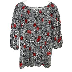 J. Jill Size M Black/White Patterned Stretch Tunic Red Floral Accents 3/4 Sleeve